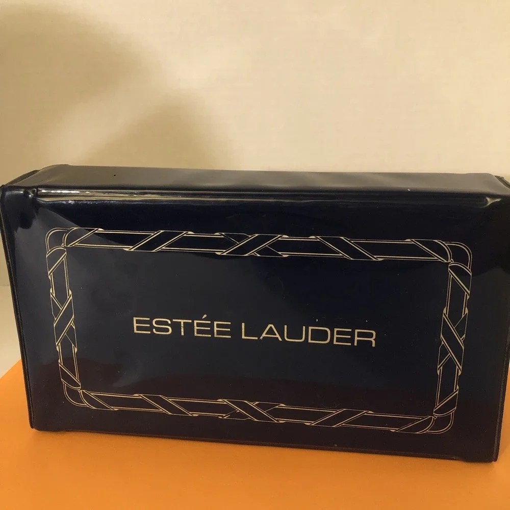 Vintage Estee Lauder Vinyl Makeup Case Travel Box Dark Blue And Gold Snap Close